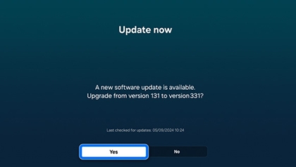 Samsung TV screen showing a prompt confirming a new software update is available, with the option to upgrade from version 131 to version 331.
