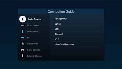 Connection Guide menu displaying various devices