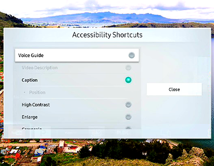 Accessibility Shortcuts menu on the Samsung TV