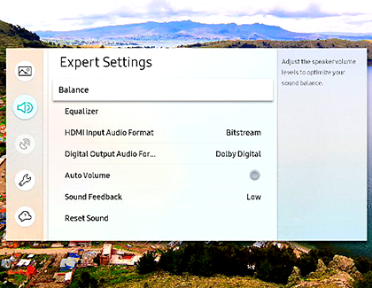 Expert Settings for Sound in the Samsung TV menu
