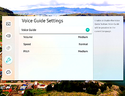 Voice Guide settings menu on the Samsung TV