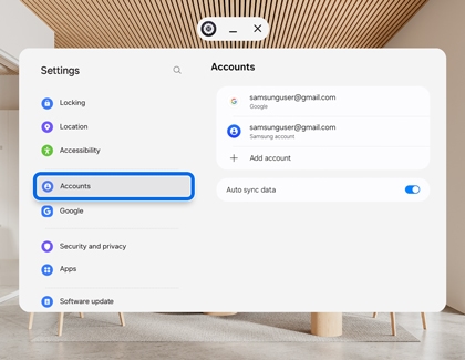 Galaxy XR headset showing the Settings menu with Accounts highlighted.