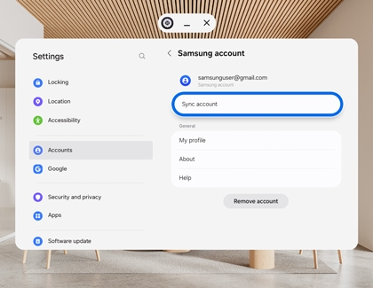 Galaxy XR headset showing the Samsung account menu with Sync account selected.