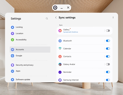 Galaxy XR headset displaying the Sync settings list for various Samsung and Google services.