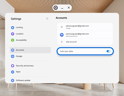 Galaxy XR headset displaying the Accounts menu with Auto sync data enabled.