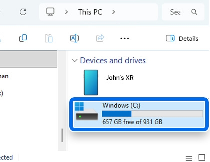 Windows File Explorer window showing the C drive highlighted in the Devices and drives list.