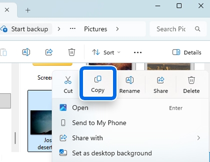 Windows File Explorer window showing the Copy option highlighted from the context menu in the Pictures folder.