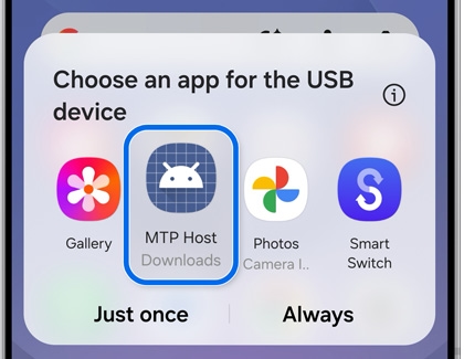 Galaxy phone displaying the app selection menu with MTP Host highlighted.