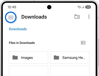Galaxy phone showing the Downloads folder screen with the navigation menu icon highlighted.