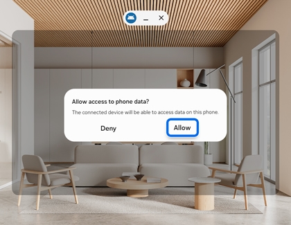 Galaxy XR headset showing an onscreen prompt asking to allow access to phone data.