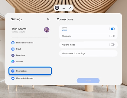 Galaxy XR settings screen showing connections menu with Wi-Fi Bluetooth and airplane mode options.