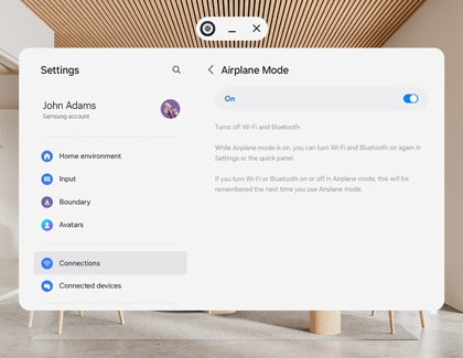 Galaxy XR settings screen showing airplane mode turned on.