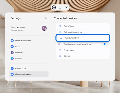 Galaxy XR settings screen showing Auto switch Buds option highlighted in connected devices menu.
