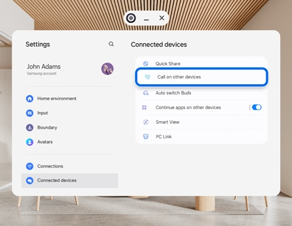 Galaxy XR settings screen showing Call on other devices option highlighted in connected devices menu.