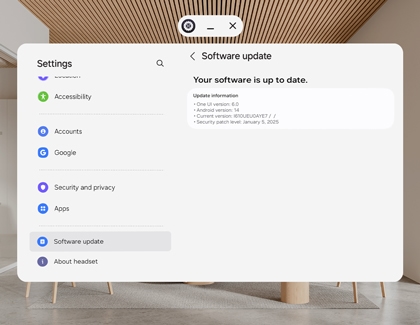 Galaxy XR software update screen showing the Software update menu and a message indicating the software is up to date.