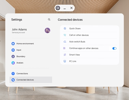 Galaxy XR settings screen showing connected devices menu with features like Quick Share and Smart View.