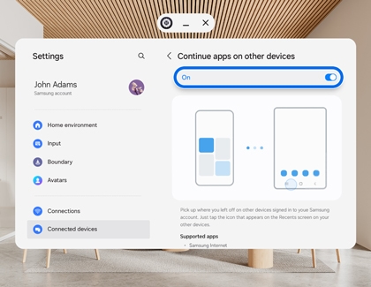 Galaxy XR settings screen showing Continue apps on other devices option enabled.