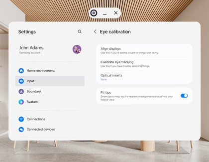 Galaxy XR settings screen showing Eye calibration menu.