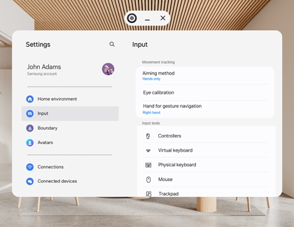 Galaxy XR settings screen showing Input menu with movement tracking options.