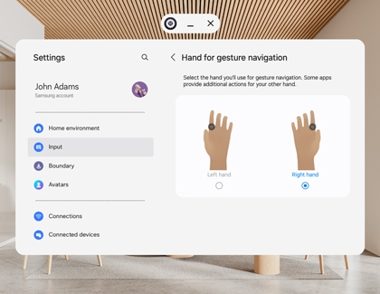 Galaxy XR settings screen showing Hand for gesture navigation with right hand selected.