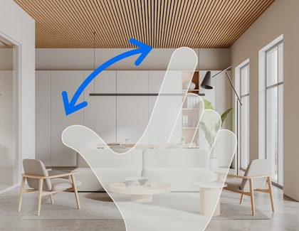 Illustration of hand gesture pinching and spreading to zoom in Galaxy XR environment.