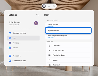 Galaxy XR settings menu highlighting Eye calibration under Input.