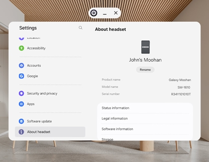 Galaxy XR headset interface showing About headset screen with model and serial number details.
