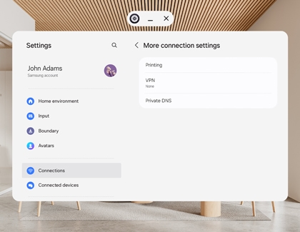 Galaxy XR settings screen showing more connection settings including Printing, VPN and Private DNS