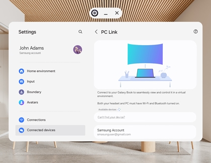 Galaxy XR settings screen showing PC Link setup instructions with illustration of connected laptop.
