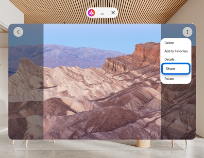 Galaxy XR interface showing photo options menu with Share option highlighted.