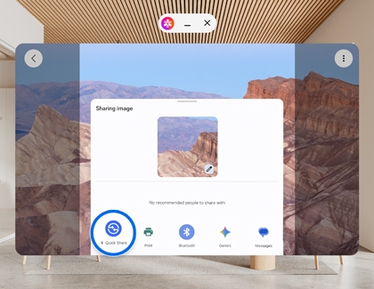 Galaxy XR interface showing Quick Share option selected in sharing menu.