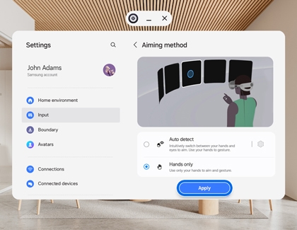 Switch between hand and eye tracking settings screen shown in the Galaxy XR interface with the Hands only option selected and the Apply button highlighted.