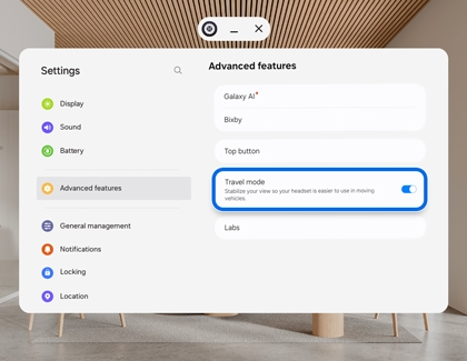 Galaxy XR Settings menu showing Advanced features with Travel mode toggled on and highlighted in blue.
