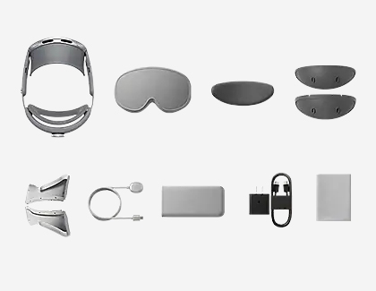 Layout of all items included with the Galaxy XR headset arranged on a white background.