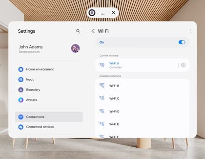 Galaxy XR settings screen showing Wi-Fi menu with available networks listed.