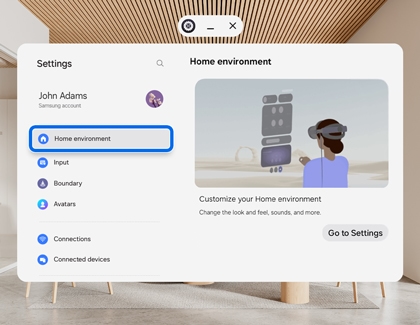 Galaxy XR Settings screen with the Home environment option highlighted.