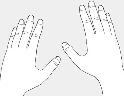 Illustration showing both hands performing the zoom gesture by pinching with each hand and spreading them apart to zoom in.