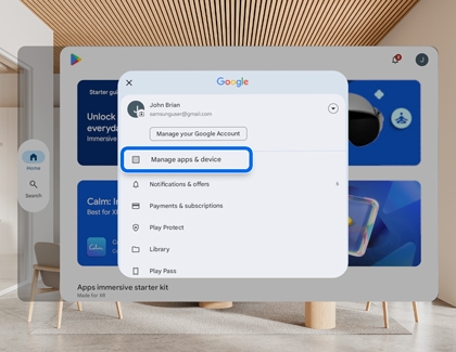Galaxy XR screen showing the account menu with Manage apps and device highlighted.