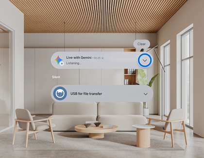 Galaxy XR notifications panel showing the Live with Gemini alert with the expand arrow highlighted.