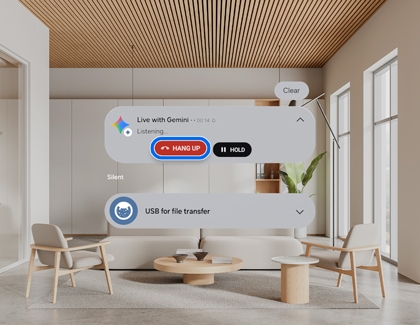Galaxy XR notification view showing the Gemini call controls with the Hang Up button highlighted.