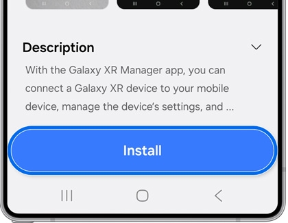 A Galaxy phone displaying the install button for the Galaxy XR Manager app.