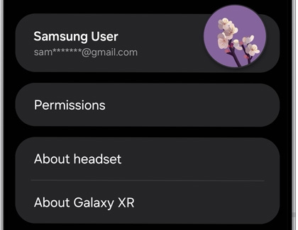 A Galaxy phone showing the Galaxy XR app menu with user info and feature options.