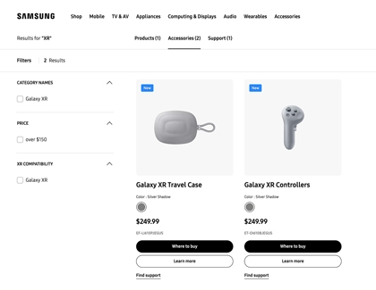 Samsung website showing Galaxy XR accessories including the Galaxy XR Travel Case and Galaxy XR Controllers.
