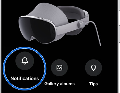 A Galaxy phone highlighting the Notifications option in the Galaxy XR app.