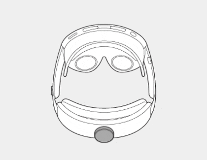 Illustration showing the Galaxy XR headset with the rear band dial being rotated counter-clockwise to extend the side bands.