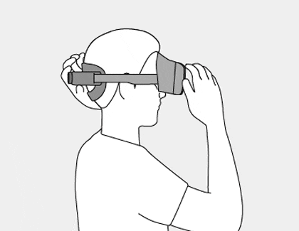 A person placing the Galaxy XR headset on their face while tilting the front of the headset downward by about 5 degrees for proper alignment.