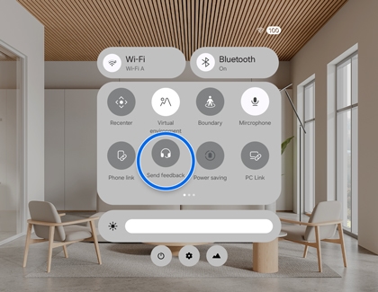 Quick panel on Galaxy XR with the Send feedback button highlighted.