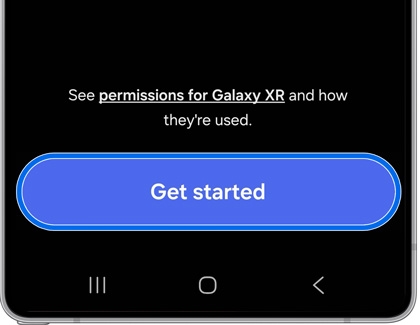 A Galaxy phone showing the Get started button in the Galaxy XR app setup.