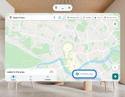 Google Maps screen displayed in the Galaxy XR headset with the Immersive View button highlighted.