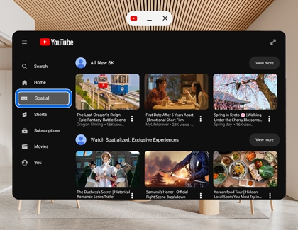YouTube app open in the Galaxy XR with the Spatial tab highlighted on the left menu.